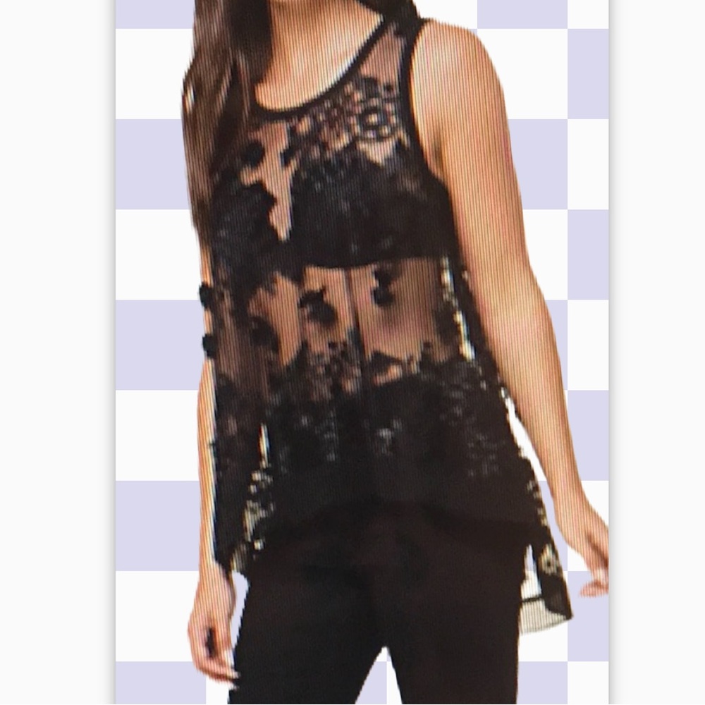 Bebe brand new with tags adorable sheer shirt with appliqué flowers black flowy
